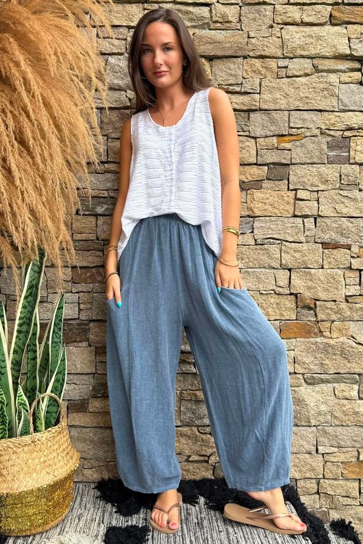 Lina Linen Blend Barrel Pant Washed Navy